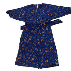 Vintage 80s Evil Eye Print Dress Bright Blue Batwing Shoulder Pad Sash Belt